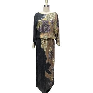 Vtg Asymmetrical Sequin Beaded Batwing Runway Statement Gown Dress Black SZ M